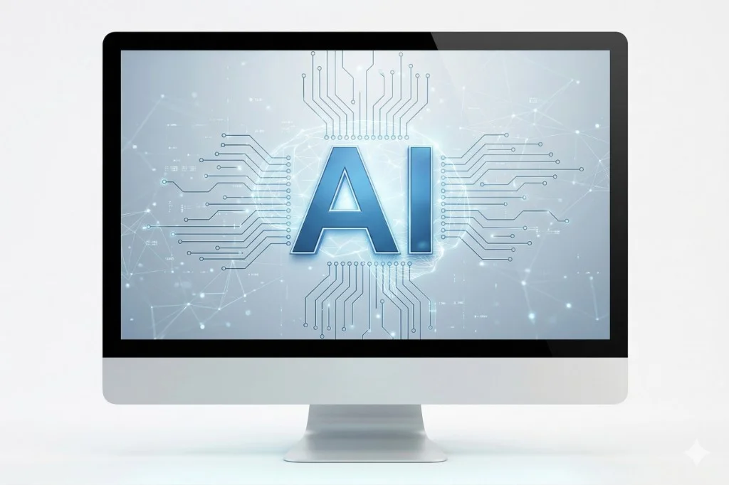 Modern all-in-one desktop computer on a light background with an AI-themed screen showing neural network graphics, circuit traces, and bold AI typography — OCImagine artificial intelligence and software development in Orange County, California